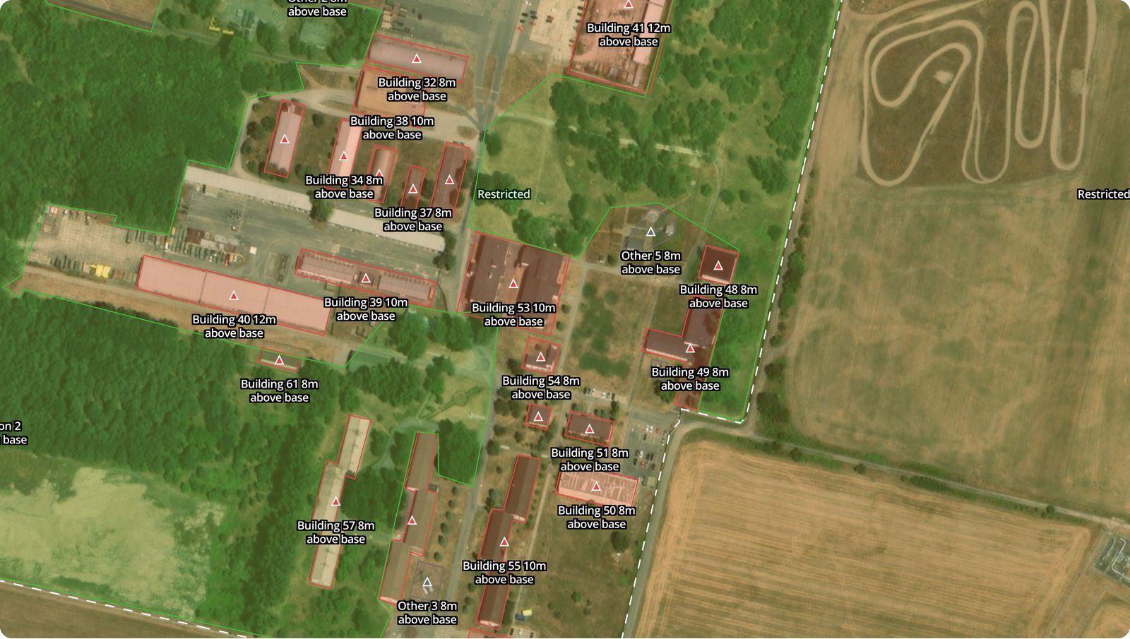 Registered obstacles labelled with their height above base
