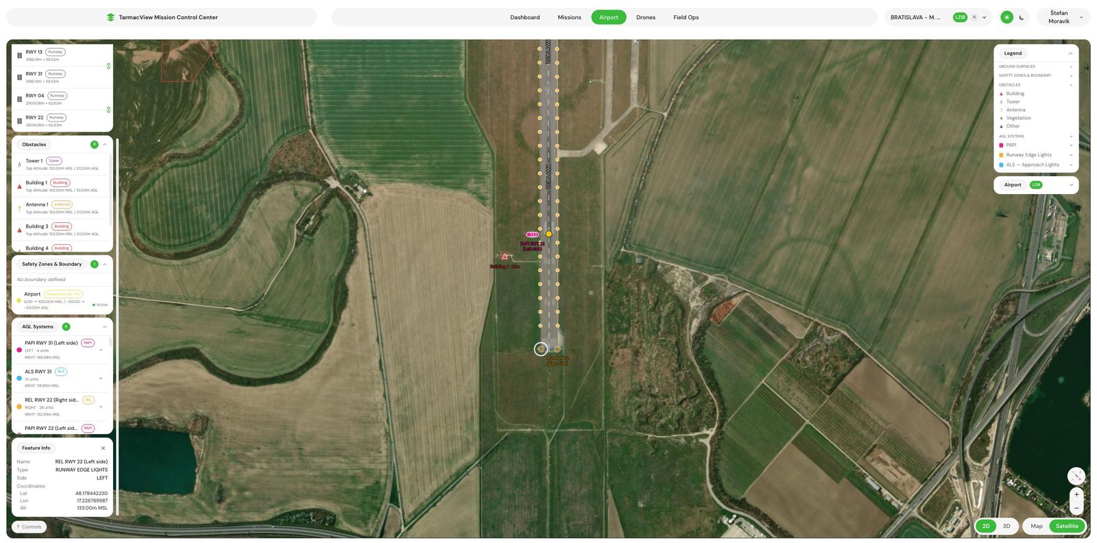 Each runway edge light held as its own unit with a surveyed position along the row