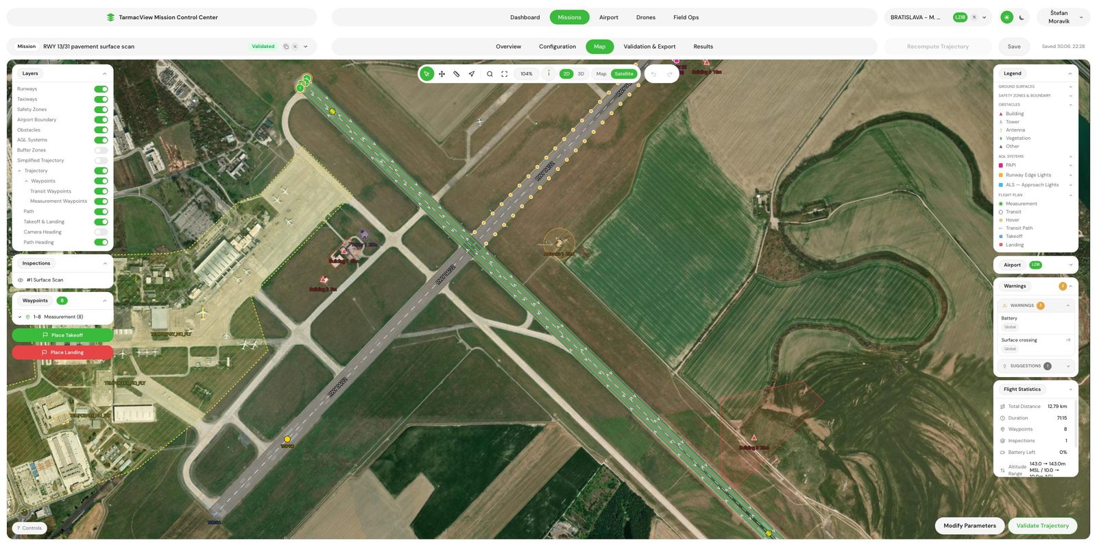 Serpentine surface scan path covering the full width of a runway