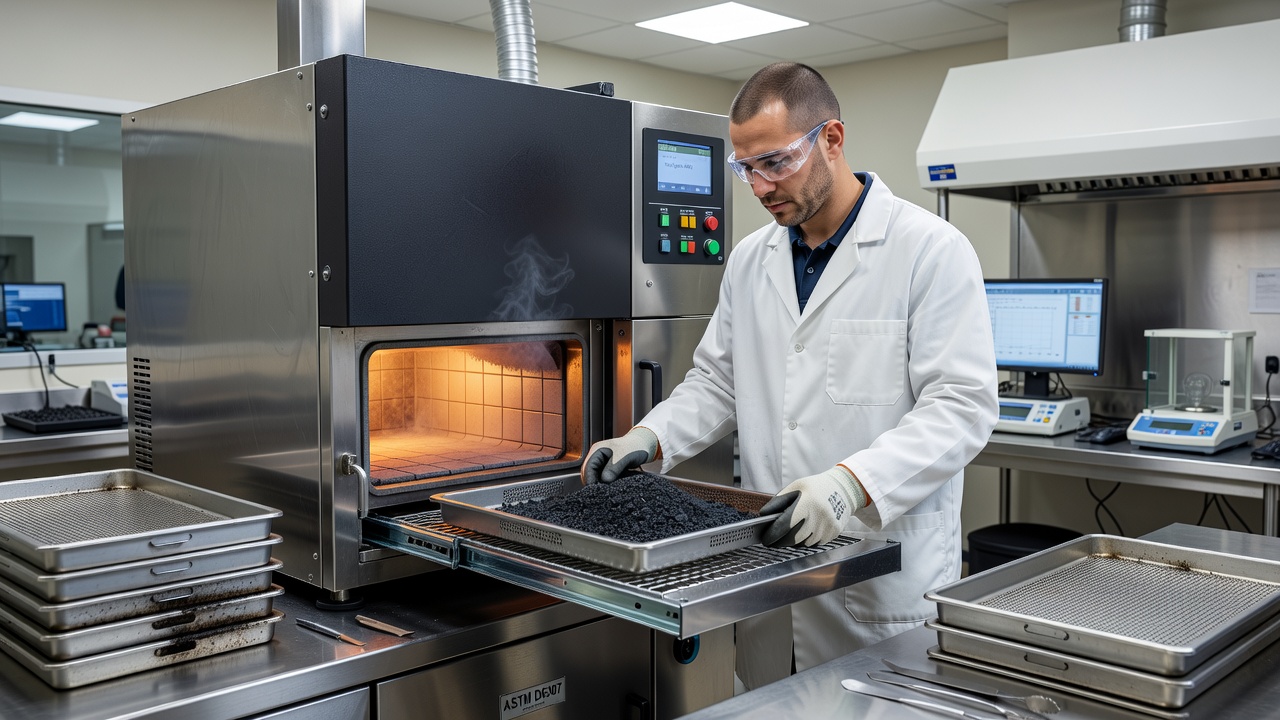 Four à ignition de laboratoire pour essais de teneur en liant bitumineux avec un technicien préparant des échantillons de mélange bitumineux dans des plateaux métalliques