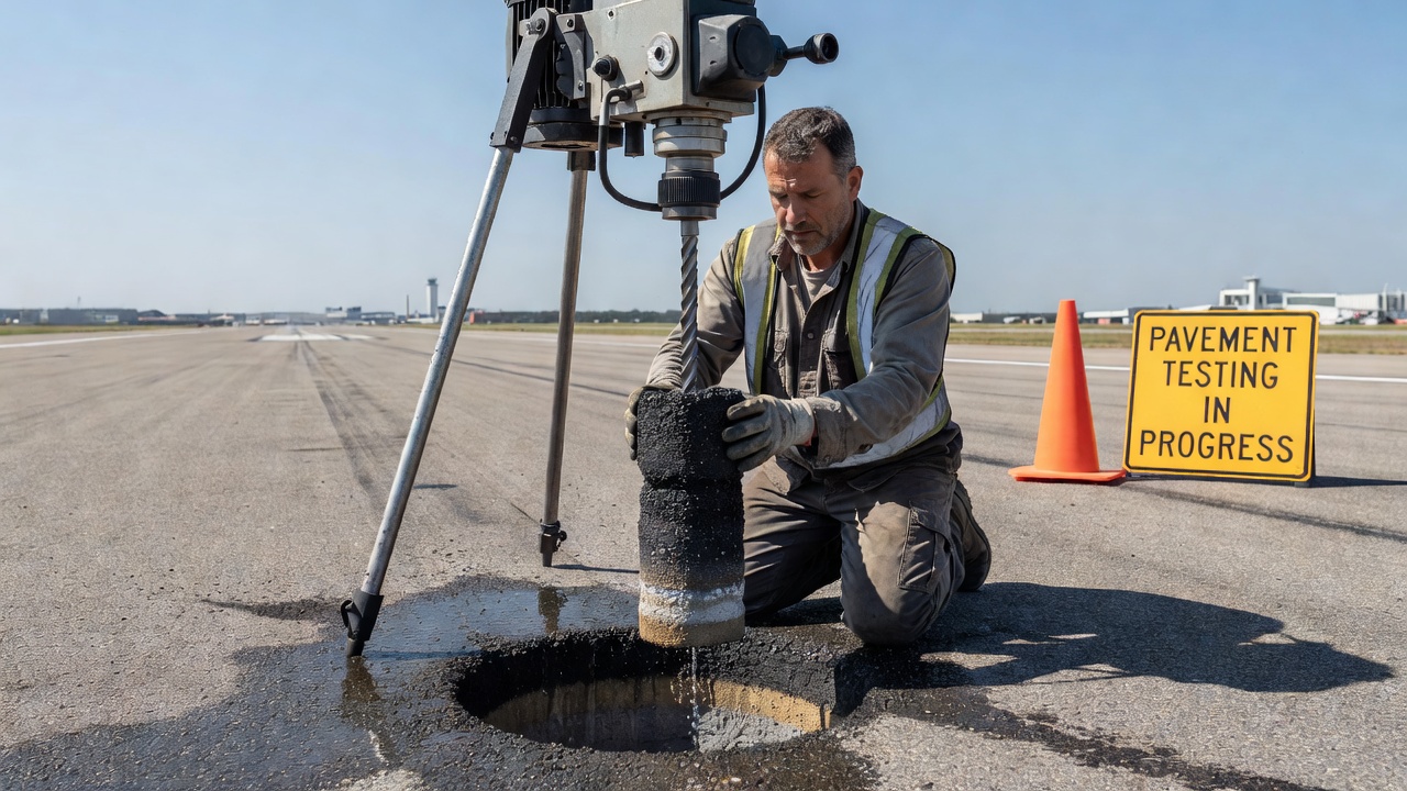 Opération de carottage de chaussée sur une piste d'aéroport extrayant une carotte cylindrique d'enrobé bitumineux pour essais en laboratoire