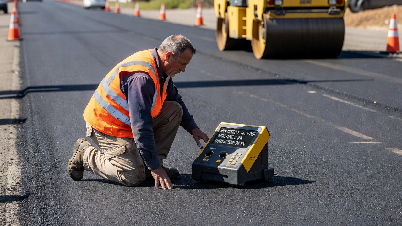 Ingénieur civil utilisant un densimètre nucléaire sur une surface de route fraîchement asphaltée pour le contrôle qualité du compactage