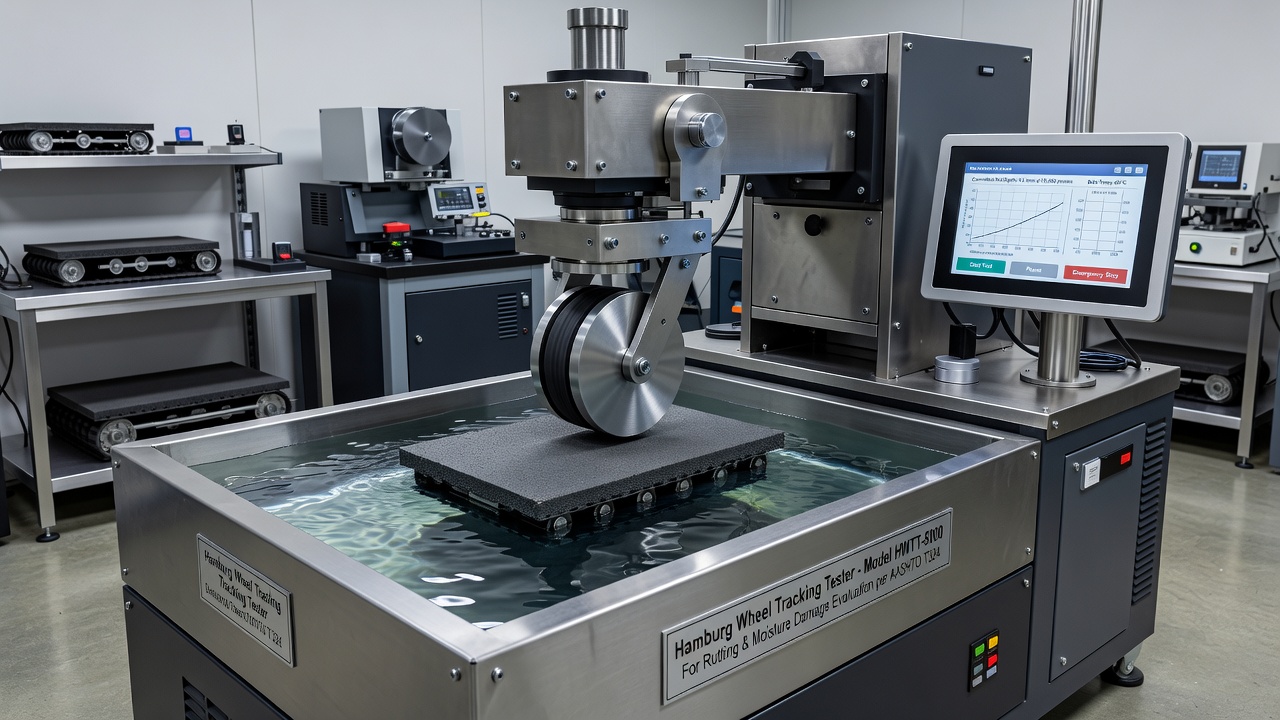 Machine d'essai à la roue de Hambourg dans un laboratoire d'enrobés bitumineux avec une roue en acier au-dessus d'un bain d'éprouvettes immergées pour l'évaluation de l'orniérage et de l'arrachement