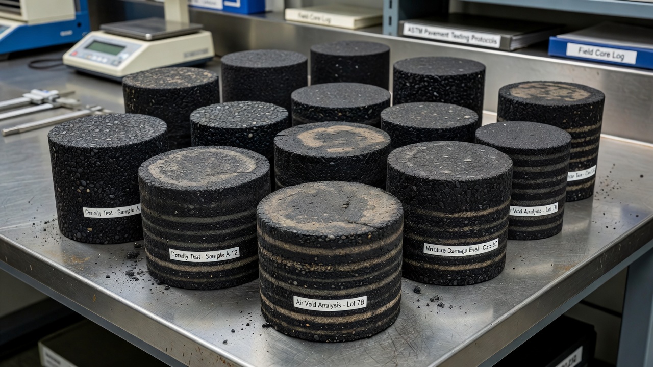 Plusieurs carottes cylindriques de chaussée bitumineuse disposées sur un établi de laboratoire pour les essais de densité, de vides d'air et de dégâts d'humidité