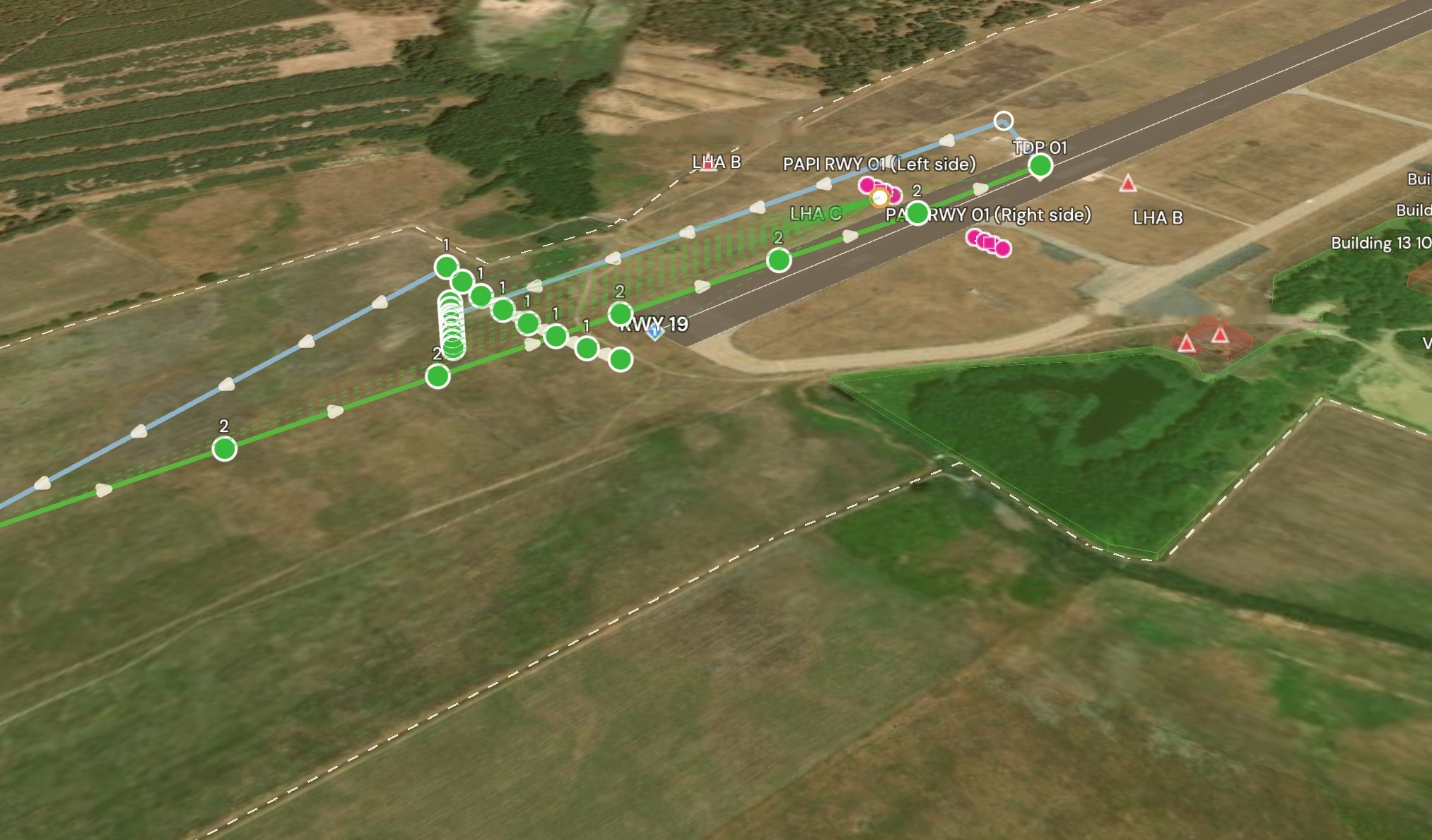 Skutečná 3D mapa letu TarmacView s ověřeným letem PAPI