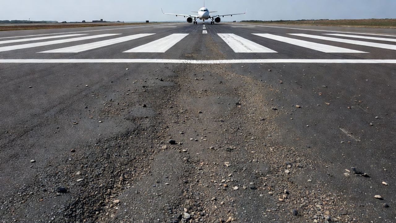 Photographie macro en gros plan d'une chaussée en asphalte gravement désagrégée montrant des granulats délogés, un liant gris oxydé et une texture de surface rugueuse et creusée