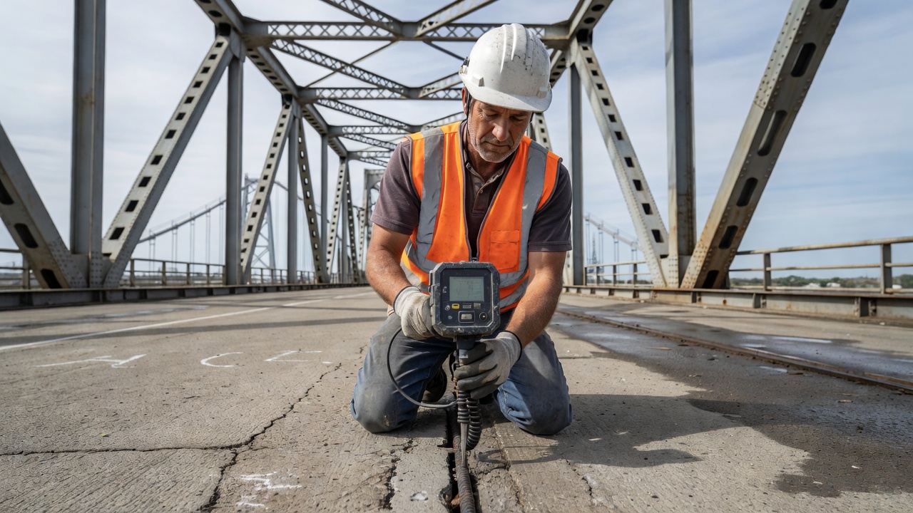 Inspecteur de pont utilisant un appareil de mesure d'enrobage / pachomètre pour mesurer la profondeur de l'enrobage au-dessus des armatures sur un tablier de pont