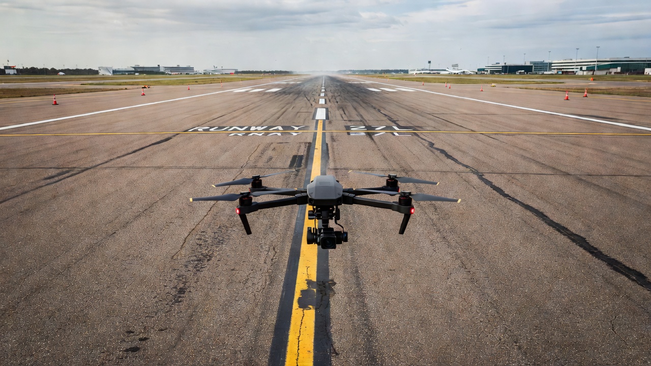 Drone volant à basse altitude au-dessus d'une piste d'aéroport lors d'une inspection de chaussée