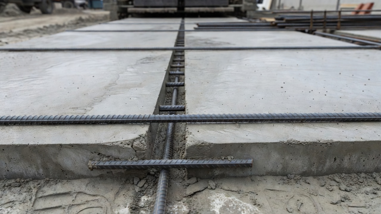 Barres d'attache en acier crénelées installées horizontalement en travers d'un joint longitudinal de construction dans une dalle de chaussée en béton, montrant les déformations nervurées de surface pour l'adhérence mécanique avec le béton