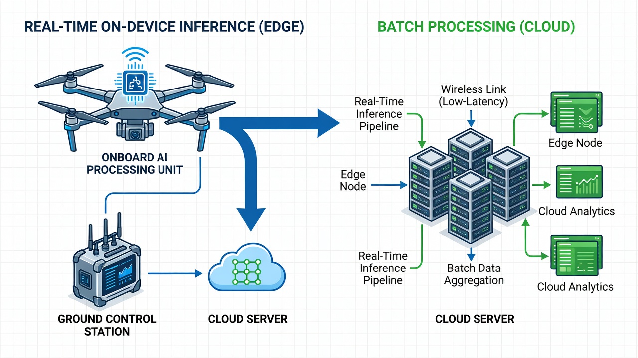 Diagramme d'architecture hybride edge-cloud montrant un drone avec traitement IA embarqué connecté à une station de contrôle au sol et un serveur cloud