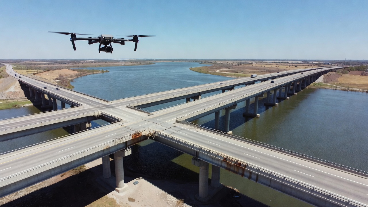 Drone capturant des images haute résolution d'un pont autoroutier pour une inspection basée sur l'IA