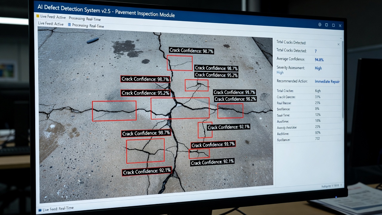 Interface de détection de défauts par IA montrant les scores de confiance sur une analyse de fissures de chaussée