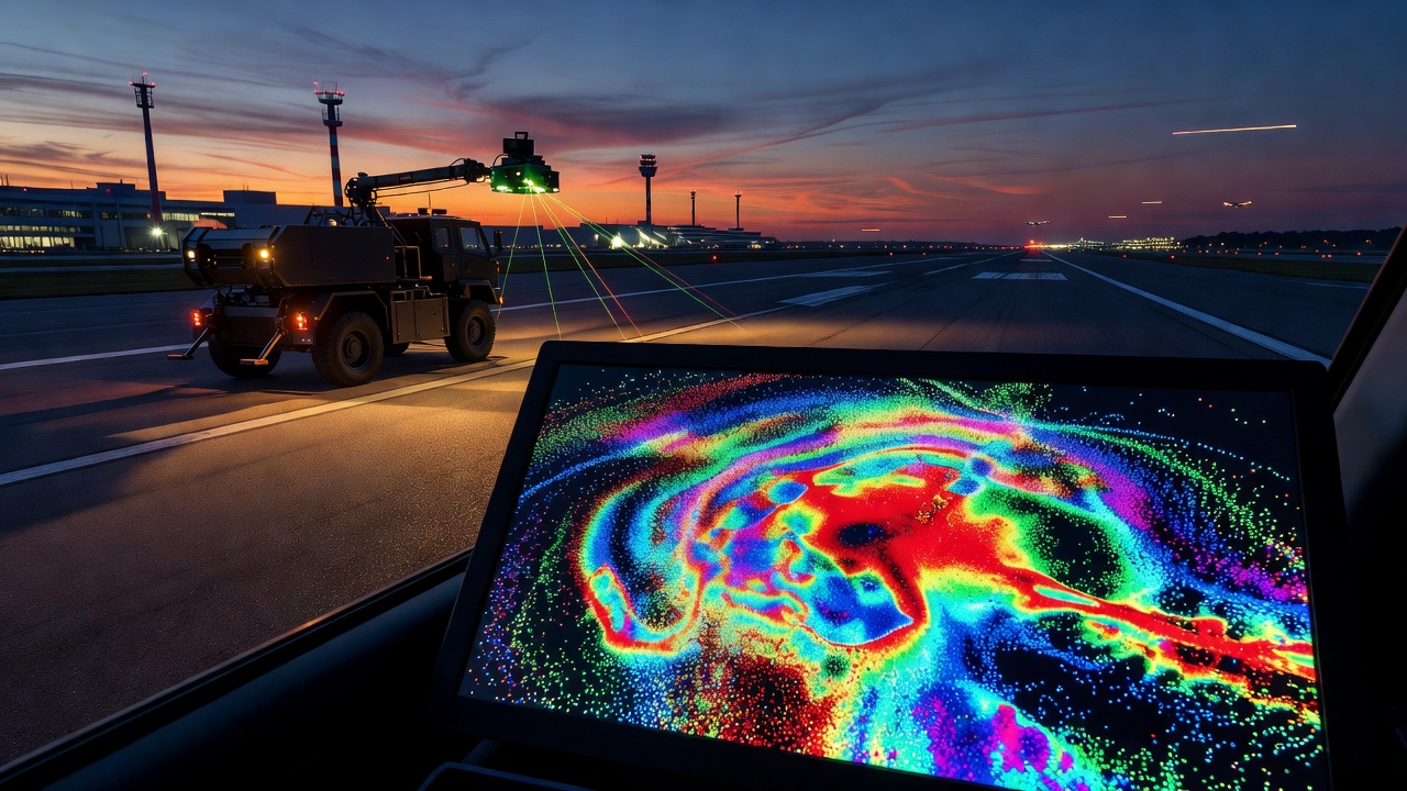 Mobil LiDAR jármű repülőtéri kifutópályát szkennel alkonyatkor, 3D pontfelhő megjelenítést generálva