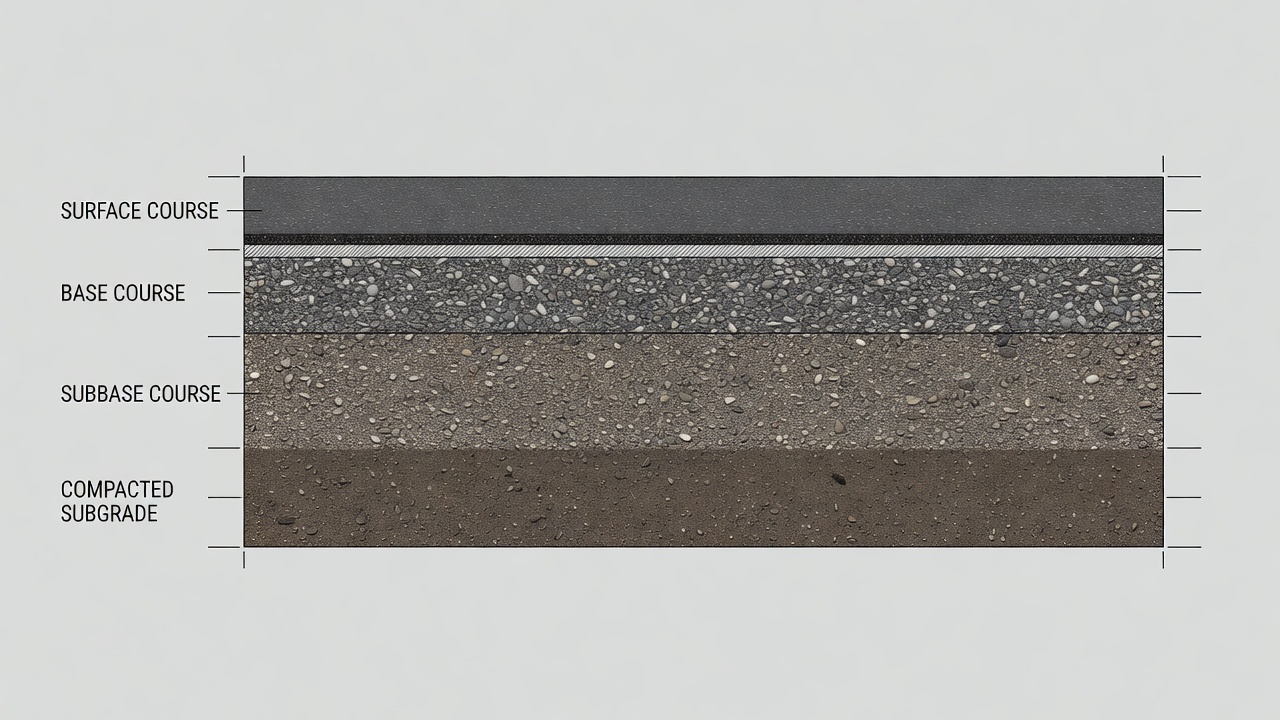 Cross-section diagram showing layered pavement structure during reconstruction