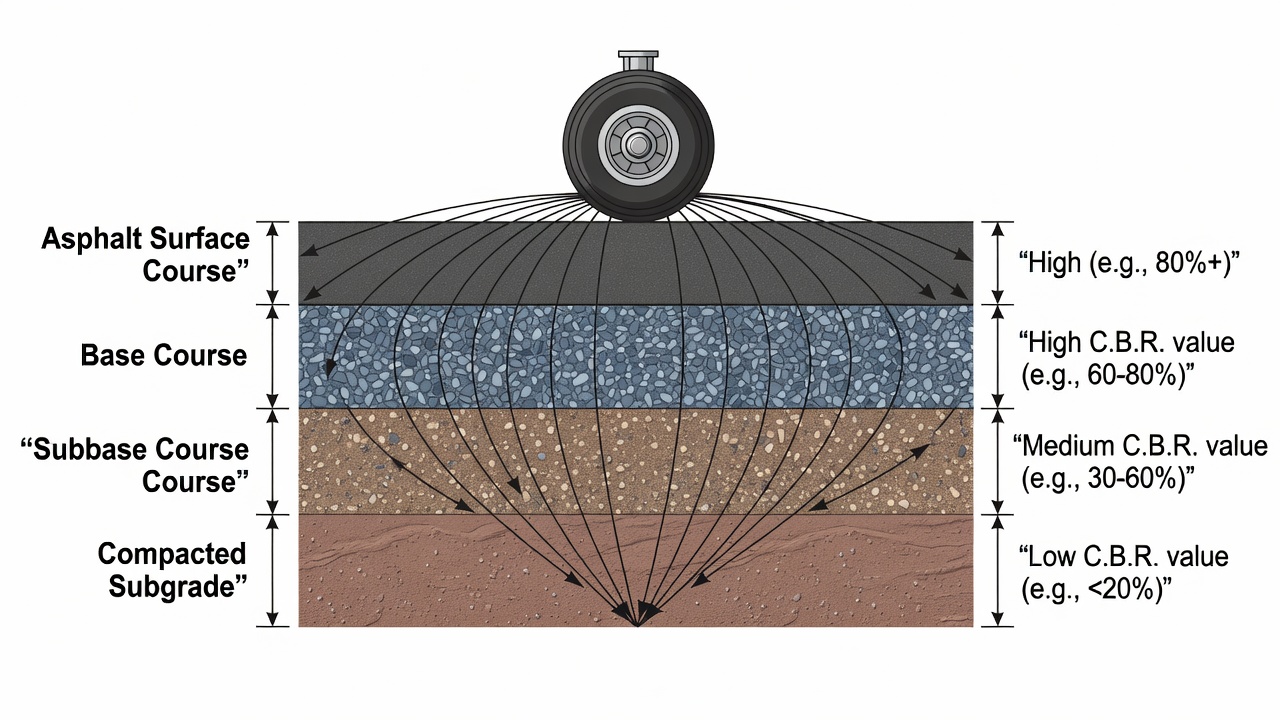Cross-section of airport pavement structure with color-coded layers showing CBR values for asphalt surface, base course, subbase, and compacted subgrade