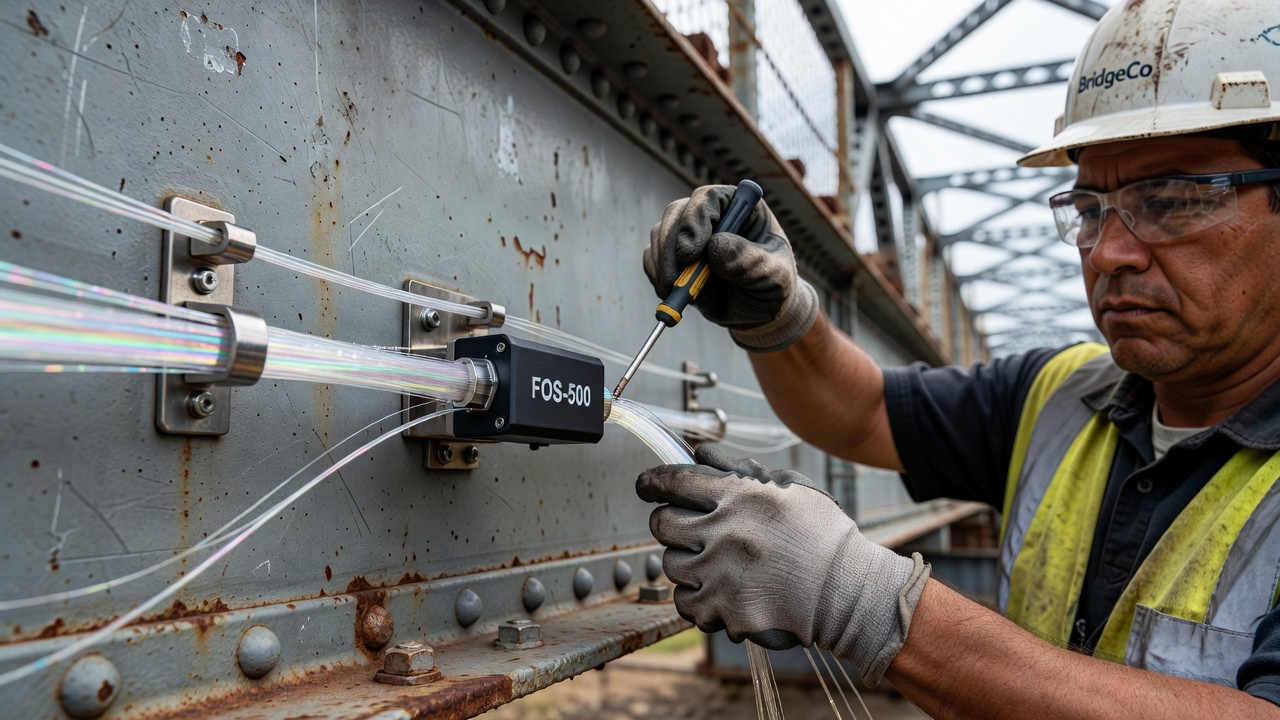 Installation de capteur à fibre optique sur une poutre de pont en acier pour la surveillance répartie de la santé structurelle