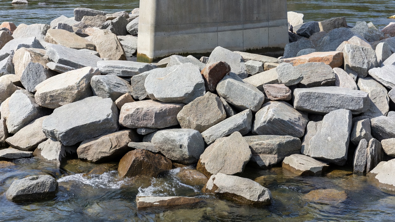 Pierre d'enrochement angulaire placée autour de la fondation d'une pile de pont pour la protection contre l'affouillement