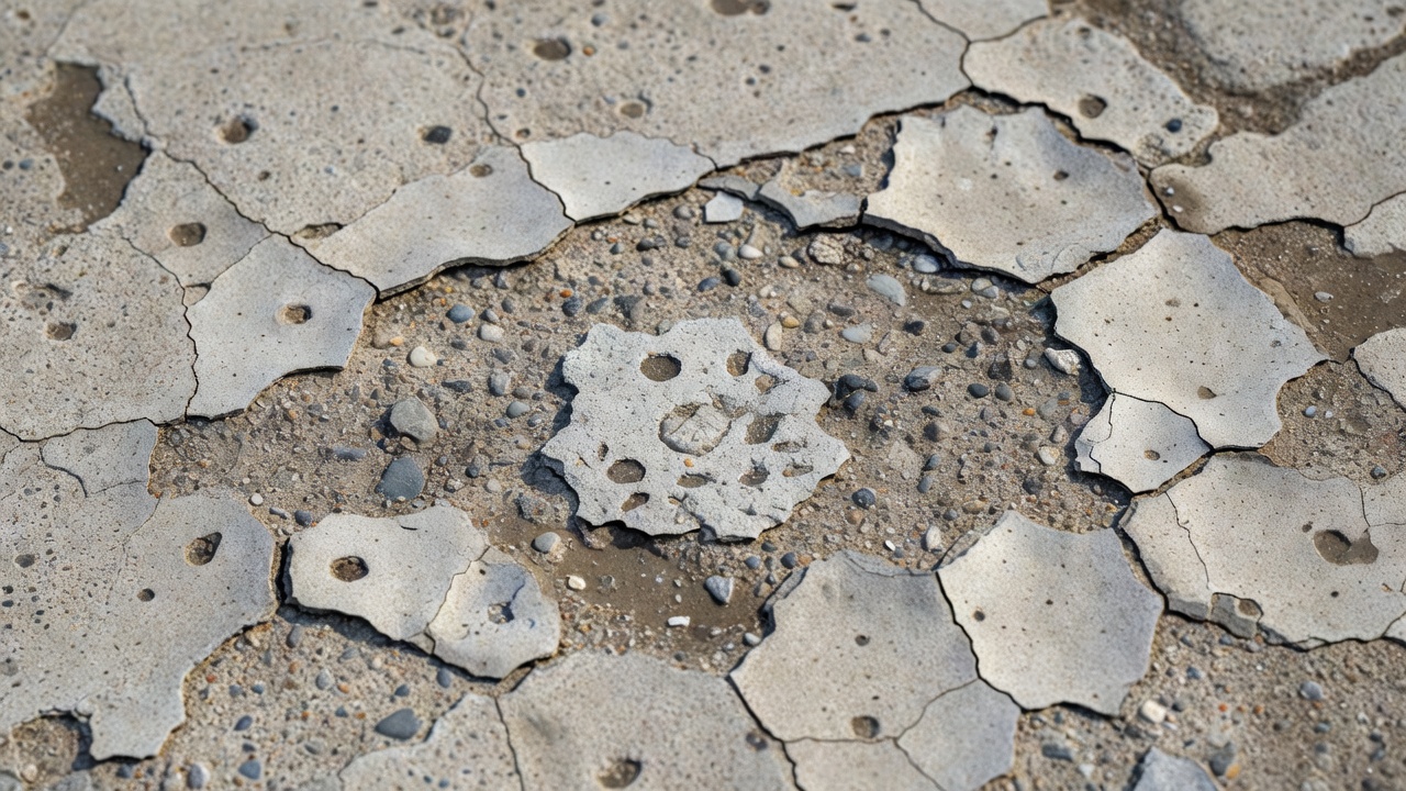 Close-up photograph of concrete pavement with scaling deterioration showing mortar loss and exposed aggregate on airfield taxiway surface