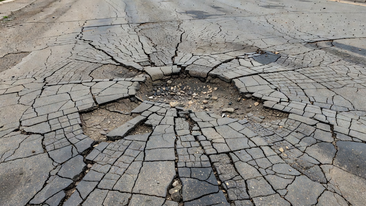 Fissuration en peau de crocodile de sévérité élevée avec fissures interconnectées sévèrement écaillées et granulats mobiles indiquant une rupture structurelle avancée
