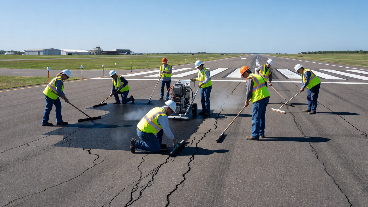 Pavement crew applying crack sealant material into pavement cracks on general aviation airport runway with safety vests and equipment