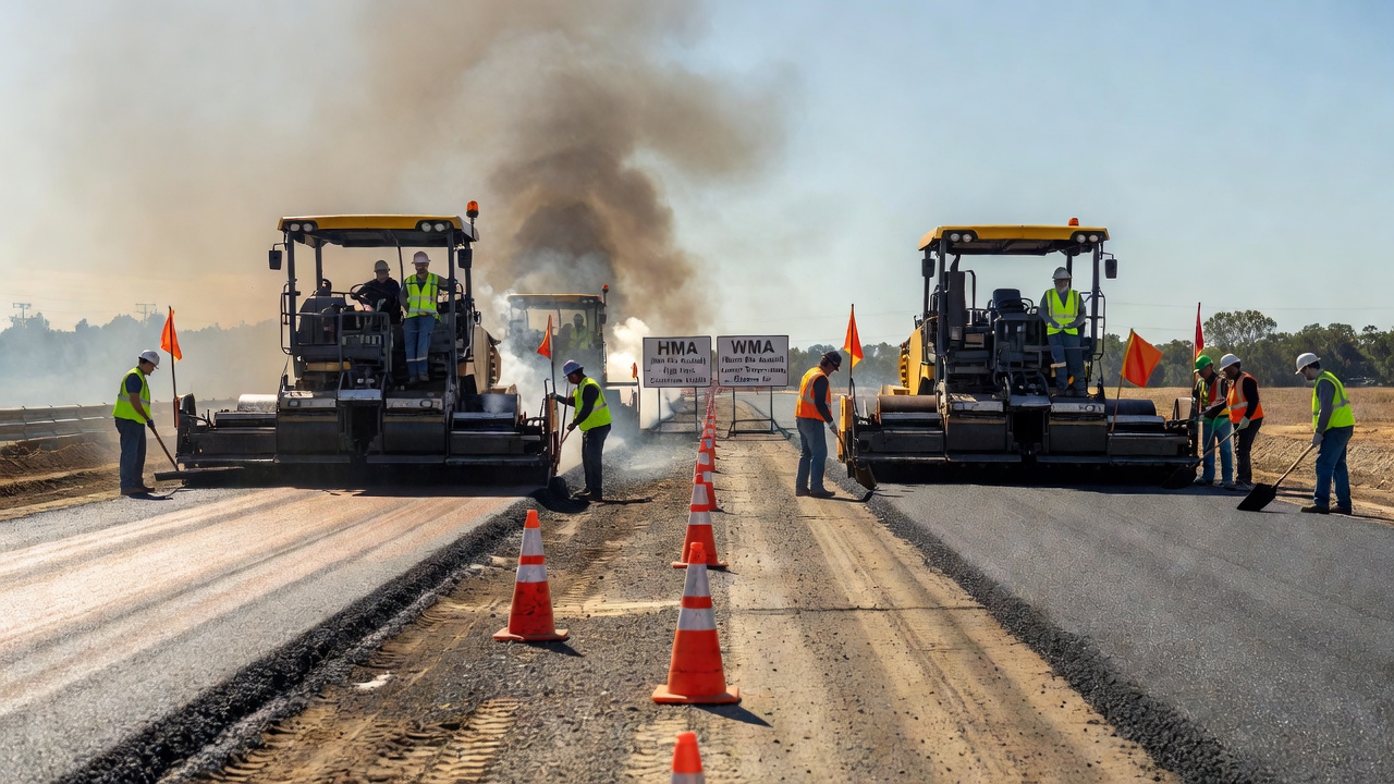 Comparaison de construction routière montrant la pose d'enrobé bitumineux tiède avec des émissions réduites par rapport à l'enrobé bitumineux à chaud