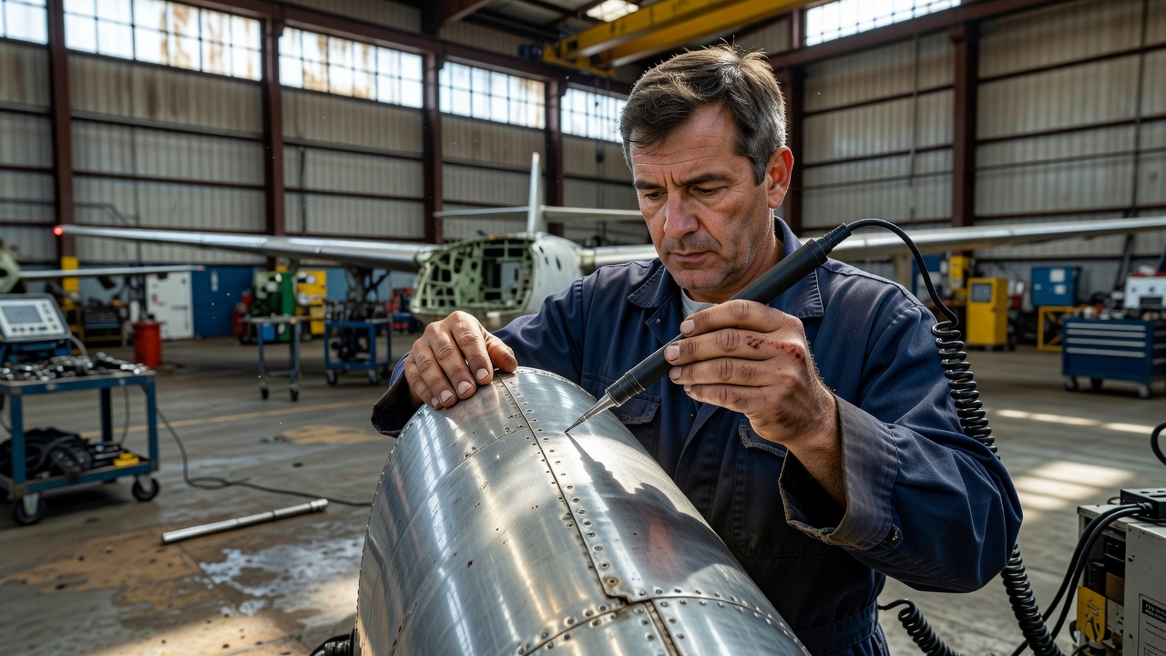 Ingeniero de mantenimiento de aeronaves inspeccionando la piel de una aeronave de aluminio con una sonda de lápiz de corrientes parásitas en un hangar