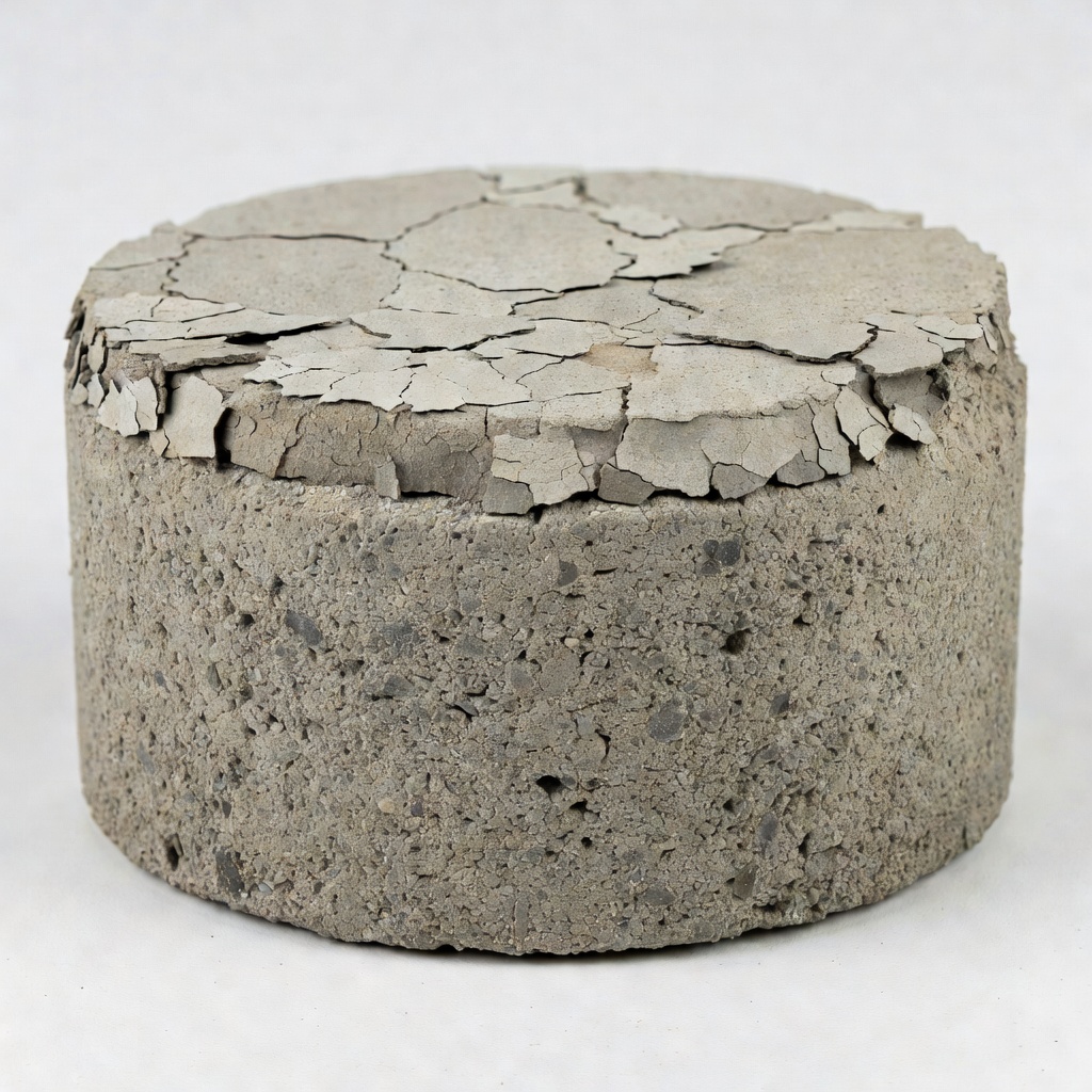 Cross-section of a concrete pavement core sample showing scaling damage with the top 3-13mm of surface layer deteriorated and separated from sound concrete below