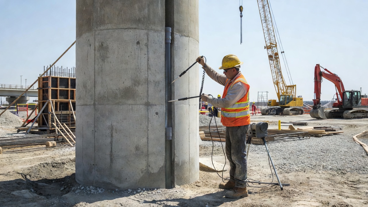 Essai de diagraphie sonique inter-puits (CSL) réalisé sur une fondation de pieu foré en béton sur un chantier de construction de pont