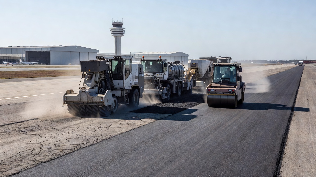 Équipement de construction de recyclage à froid en place travaillant sur la réhabilitation d'une chaussée aéroportuaire