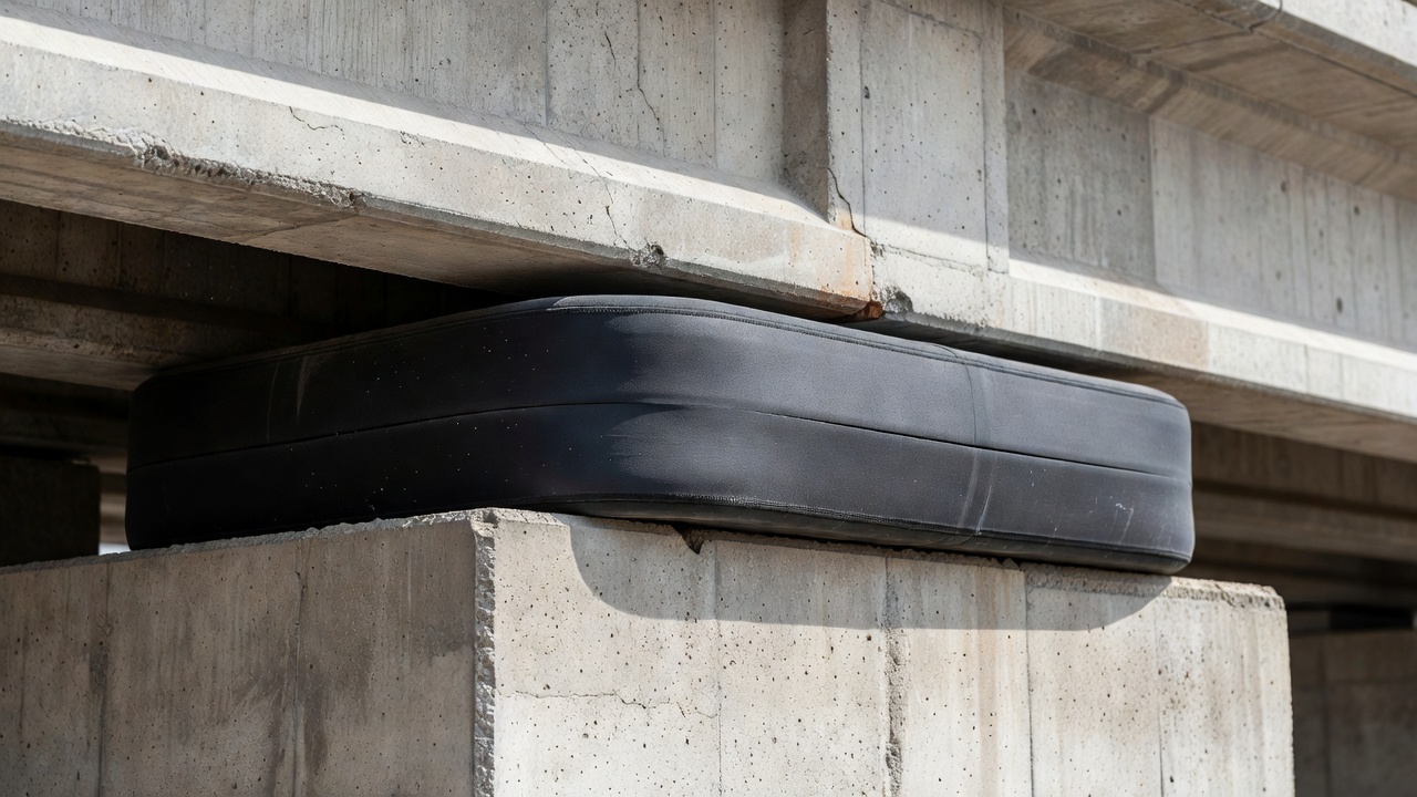 Photographie en gros plan de coussinets d'appui de pont élastomères en néoprène installés entre la poutre de pont en béton et la culée montrant les blocs d'appui en caoutchouc noir sous compression