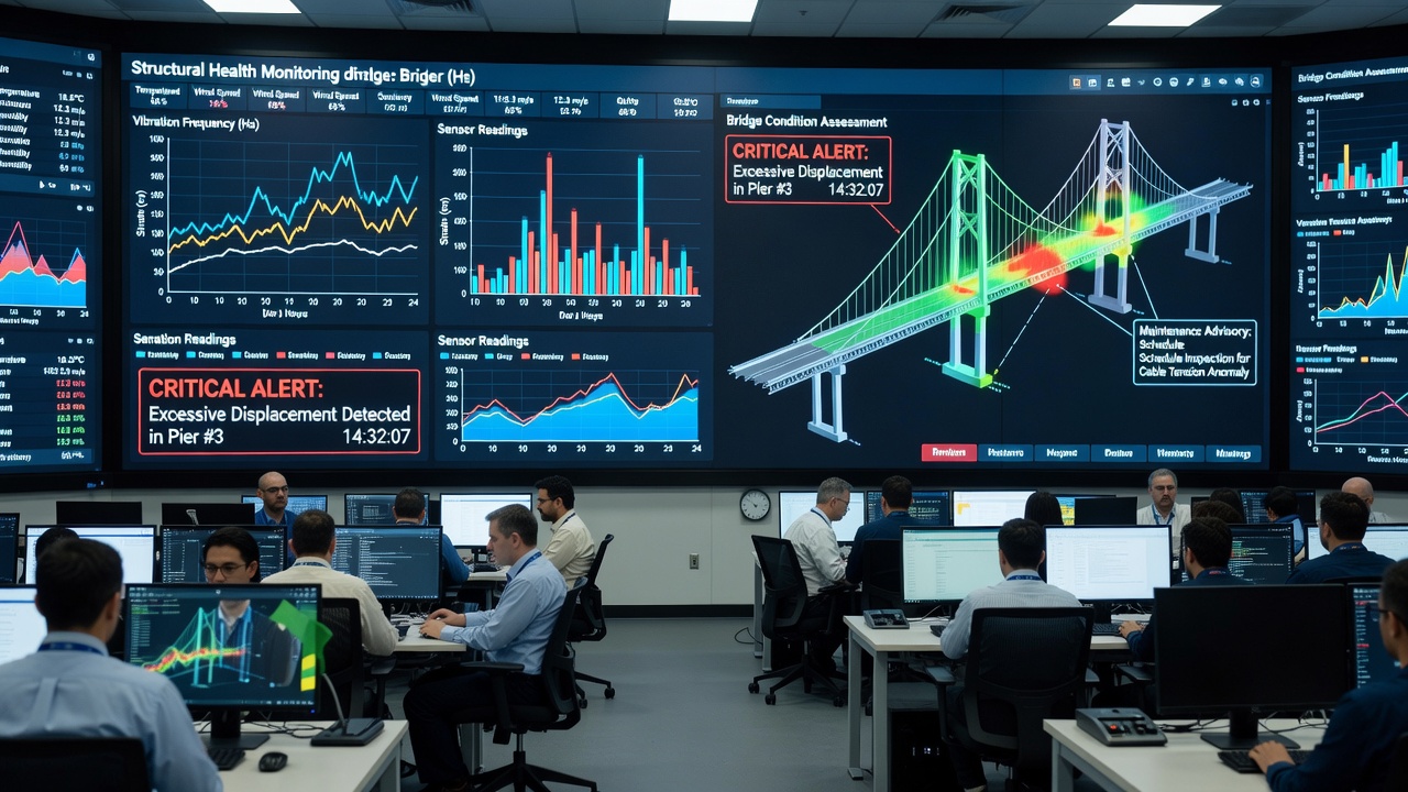 Tableau de bord d'analyse de données SHM montrant les lectures des capteurs, les graphiques de tendance, les alertes d'état et l'interface d'évaluation structurale