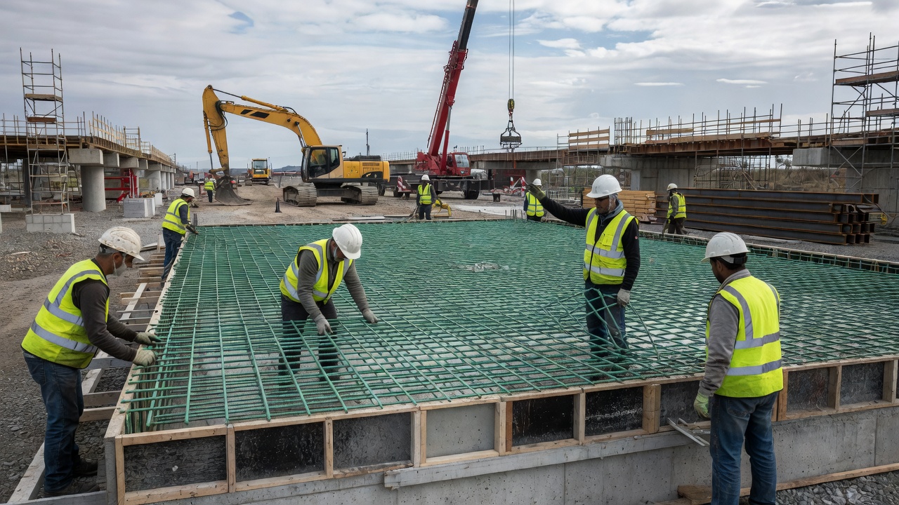 Trabajadores de construcción instalando mallas de refuerzo de varilla recubierta con epoxi en encofrado de tablero de puente