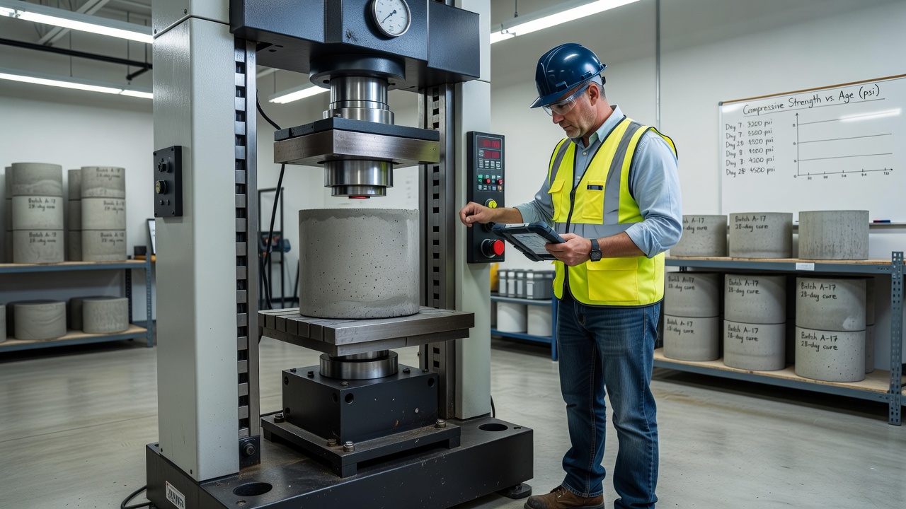 Essai de résistance à la compression du béton selon la norme ASTM C39 sur une éprouvette cylindrique dans une machine d'essai en laboratoire