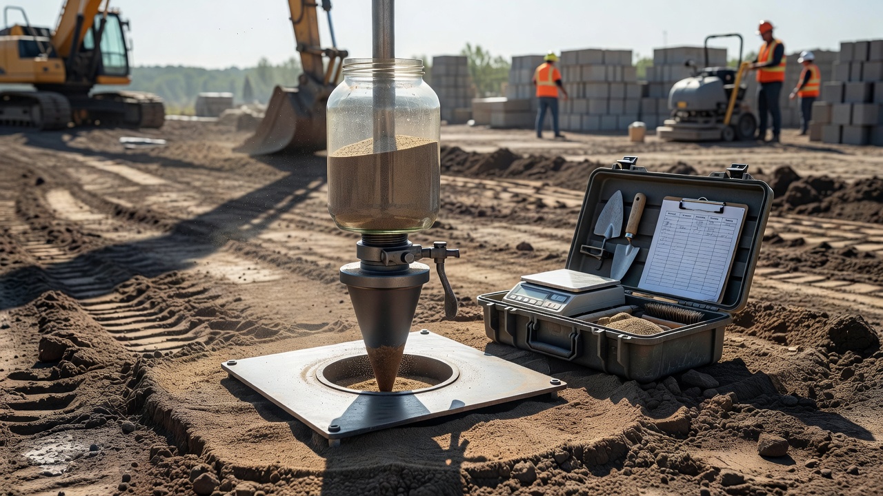Assemblage de l'appareil d'essai de densité au cône de sable avec bocal, cône métallique, mécanisme de valve et plaque de base sur une surface de sol compacté