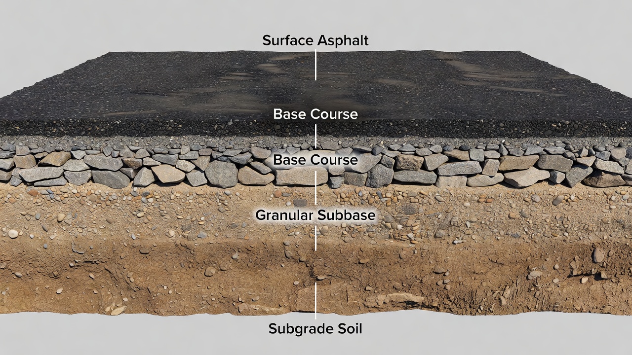 Vue en coupe transversale de la structure de chaussée aéroportuaire montrant les couches de surface, base, fondation et sol support