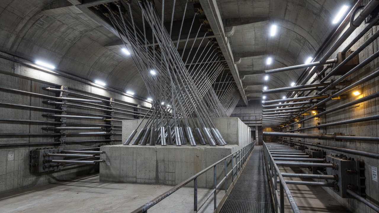 Chambre d'ancrage de pont suspendu montrant les sabots de toron, la pièce d'épanouissement et le câble s'évasant