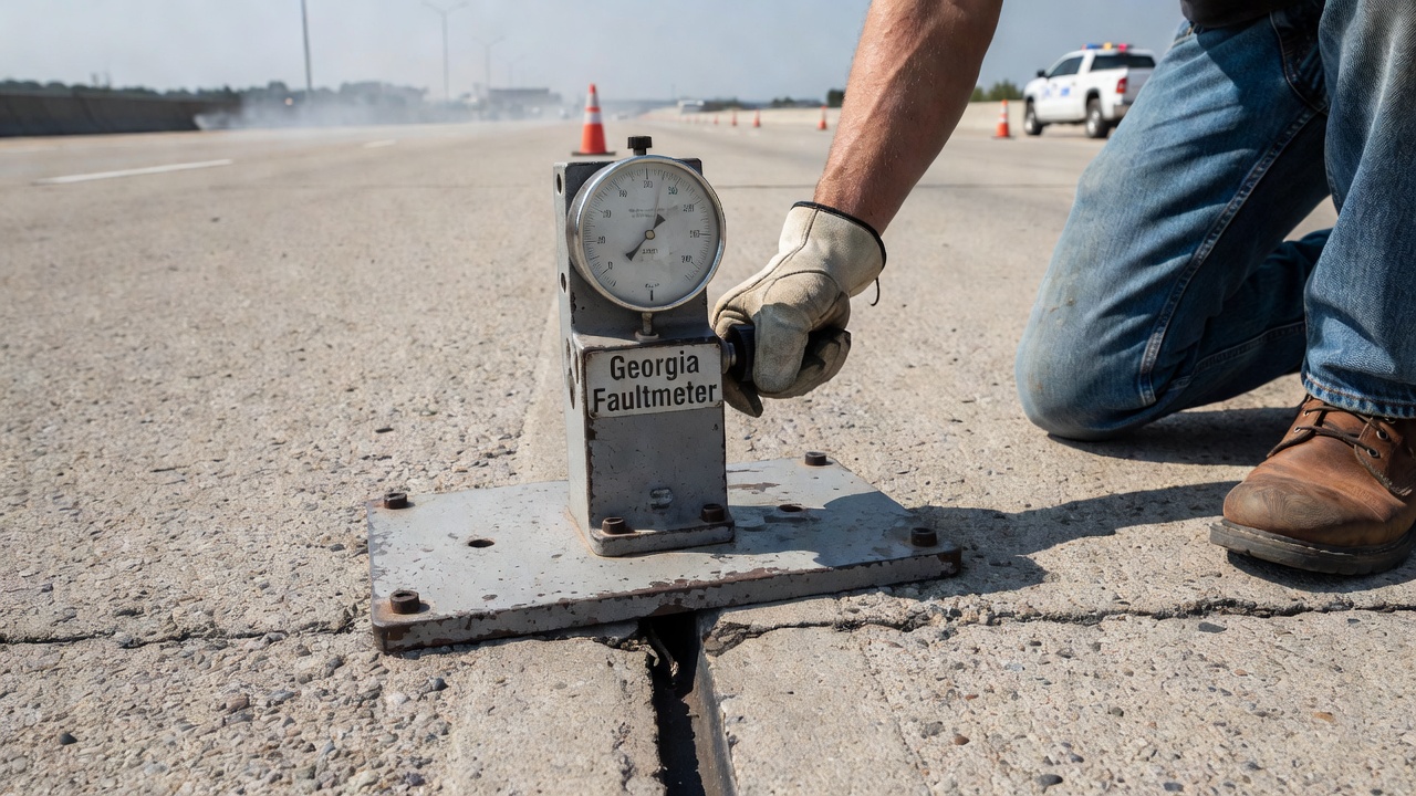 Georgia Faultmeter mesurant le faulting à un joint transversal d'une chaussée en béton lors d'une inspection manuelle de chaussée