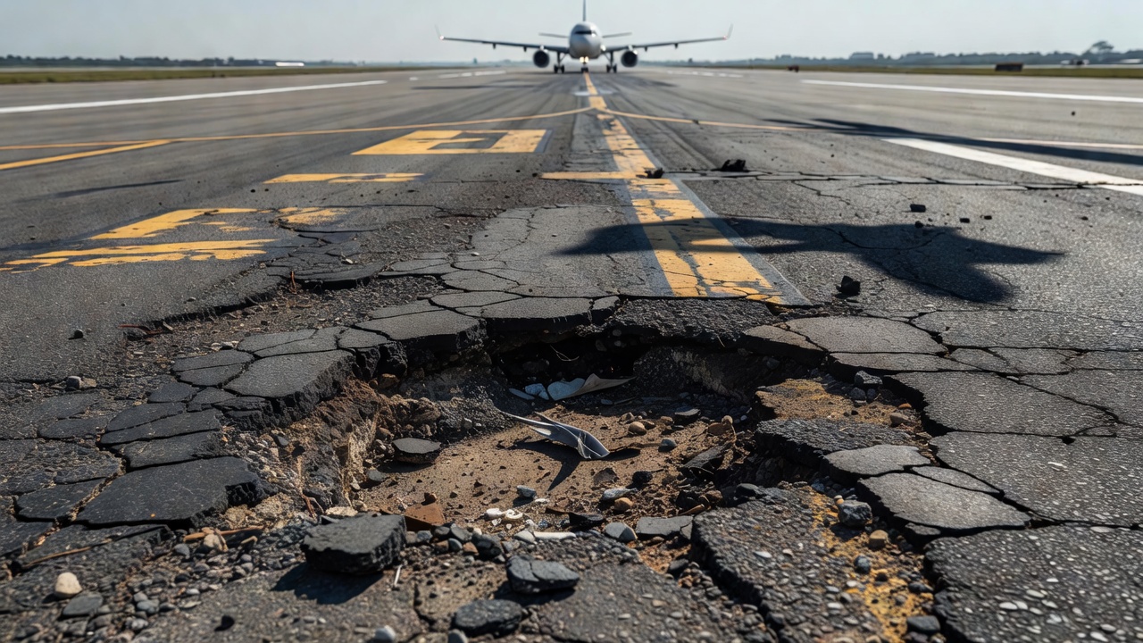 Surface asphaltique de piste d'aéroport montrant une détérioration de chaussée avec des nids-de-poule potentiels générateurs de FOD et un aéronef en arrière-plan