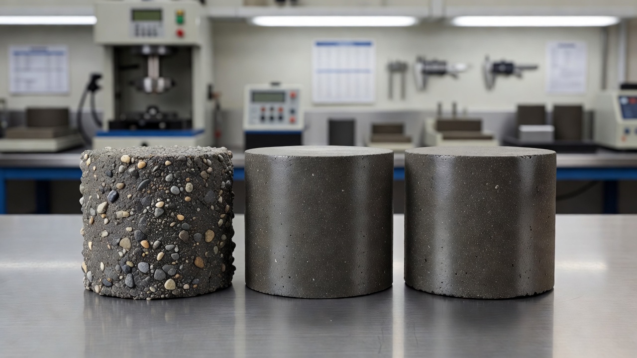 Trois éprouvettes d'essai Marshall compactées en enrobé bitumineux, posées verticalement sur un plan de travail de laboratoire, montrant la géométrie cylindrique typique de 4 pouces de diamètre