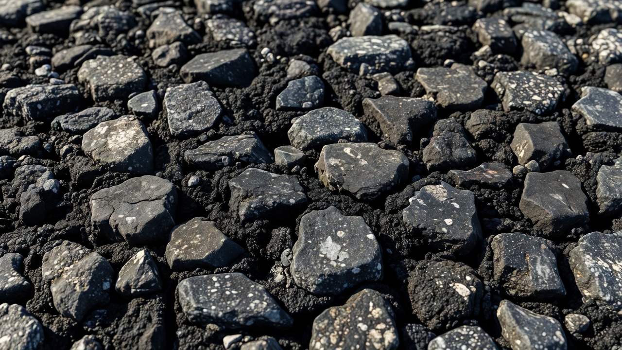 Texture de surface d'enrobé SMA montrant le squelette granulaire grossier avec un remplissage de mortier mastic riche