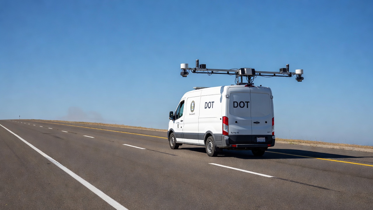 Camionnette de relevé blanche équipée de capteurs profileurs inertiels arrière mesurant la rugosité des chaussées sur une autoroute, représentant la collecte de données IRI à grande vitesse