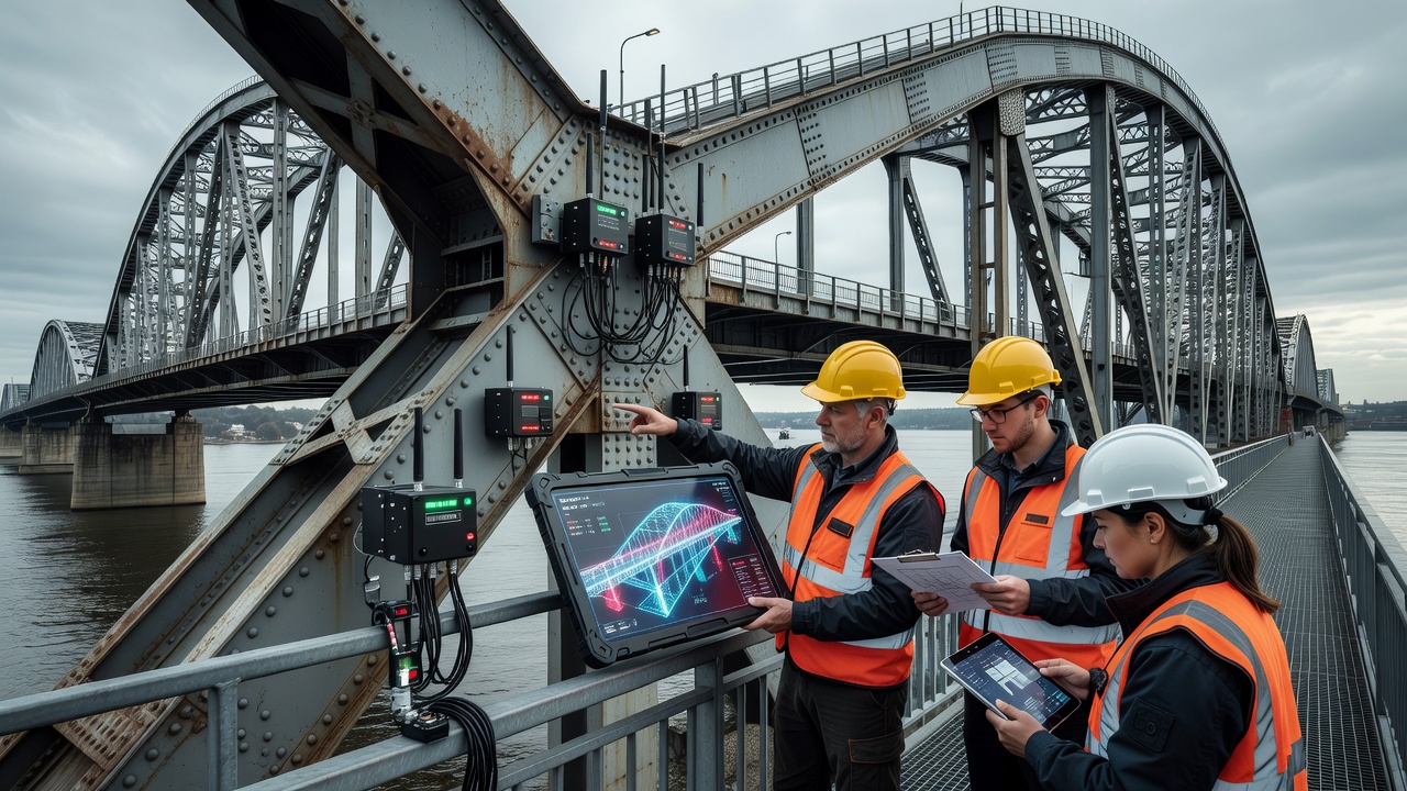 Photographie industrielle d'un grand pont en acier avec des nœuds de capteurs et des équipements de surveillance fixés aux éléments structurels, des ingénieurs inspectant avec des tablettes affichant des modèles de jumeau numérique 3D