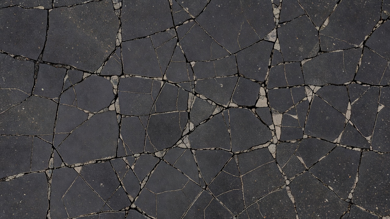Gros plan d'une fissuration en peau de crocodile (par fatigue) sur une chaussée en enrobé montrant un motif de fissures interconnectées à plusieurs côtés ressemblant à une peau d'alligator