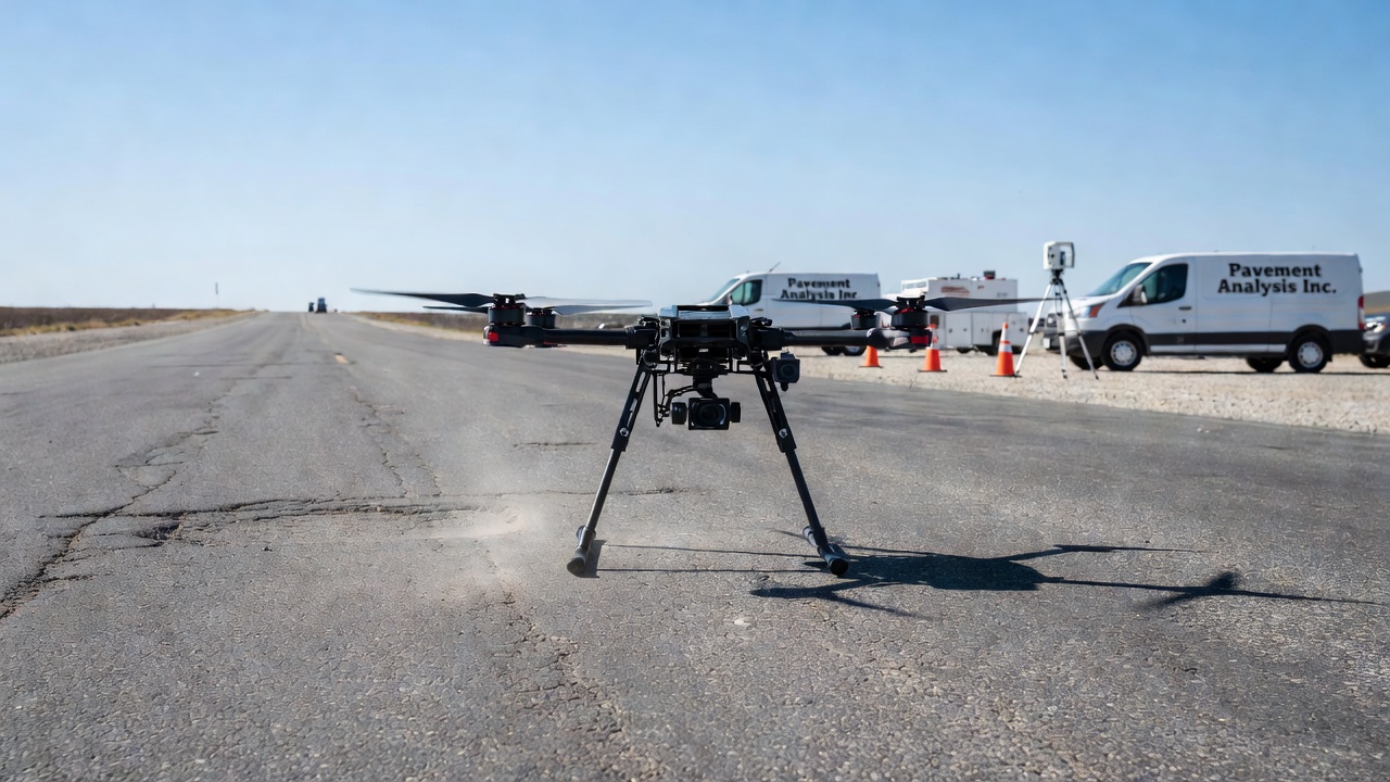 Drone de reconnaissance professionnel survolant une surface de chaussée revêtue, capturant des images à haute résolution pour l'estimation de la rugosité des chaussées et de l'IRI par LiDAR