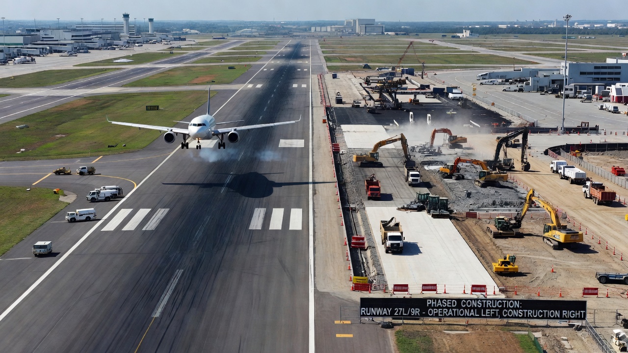 Airport runway under phased reconstruction with construction equipment and active aircraft operations
