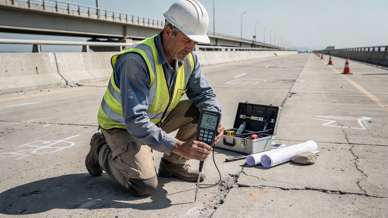 Ingénieur utilisant un pachomètre numérique sur la surface d'un tablier de pont en béton pour mesurer l'enrobage des armatures