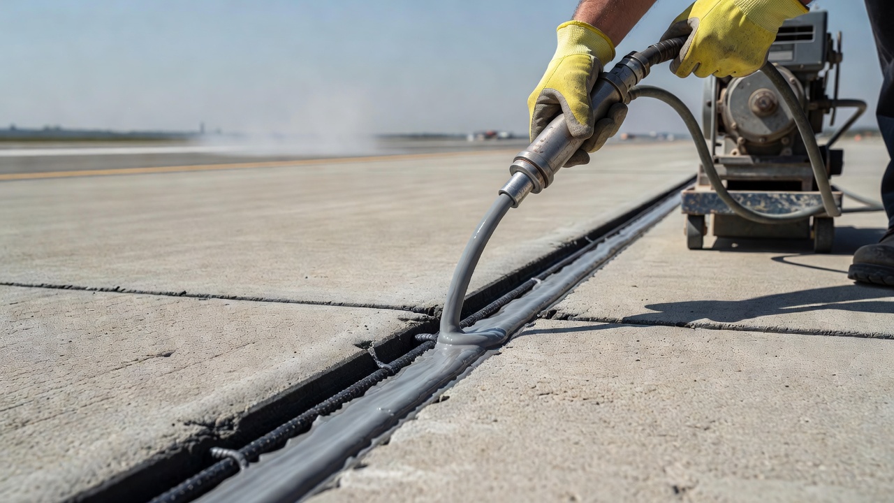 Application de mastic de joint en silicone dans un joint de dilatation de chaussée en béton à l'aide d'un équipement de pompage en vrac dans un aéroport