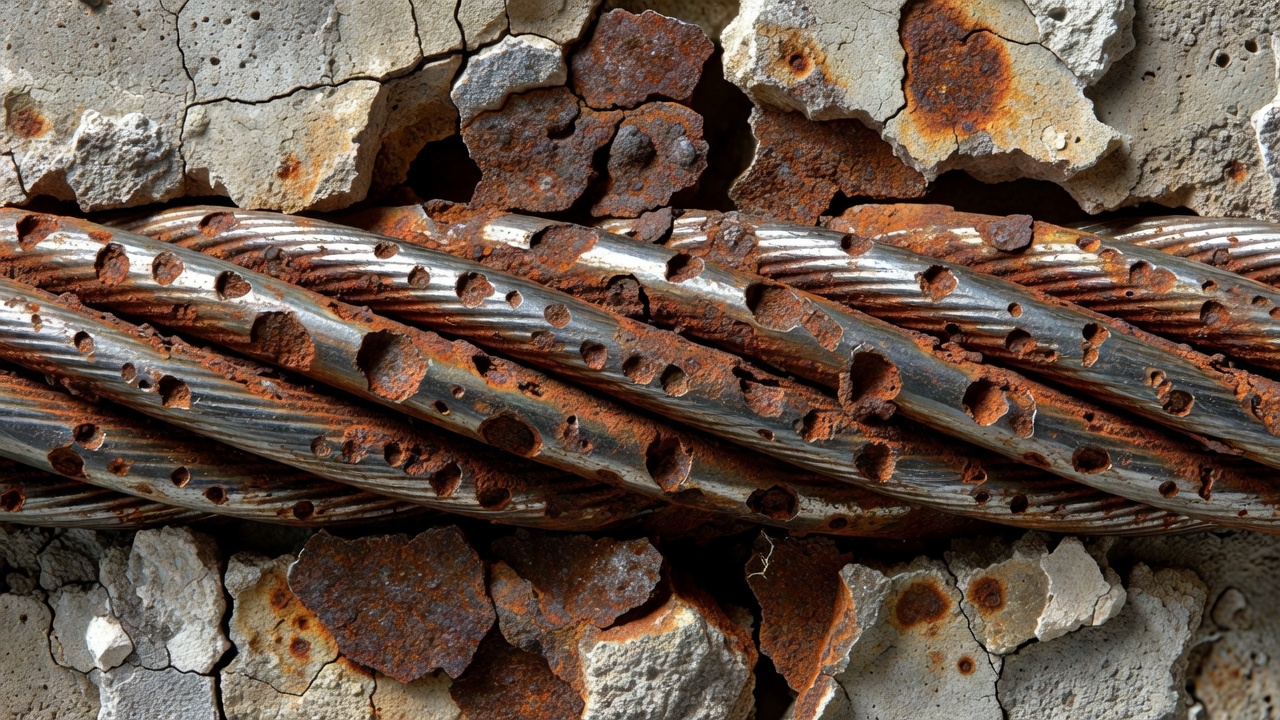 Armature d'acier de précontrainte corrodée montrant une corrosion par piqûres avancée et de la rouille sur un toron à sept fils