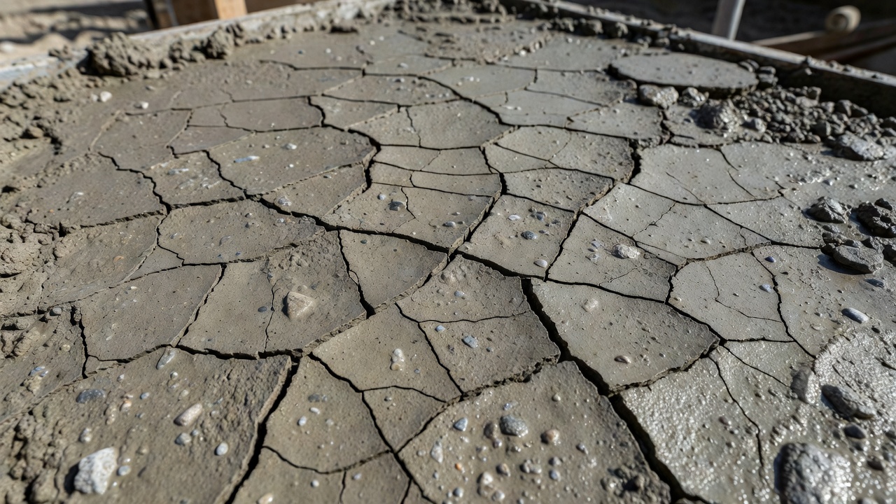 Gros plan de fissures de retrait plastique sur une surface de béton frais montrant un motif de fissures en V autour des particules de granulat