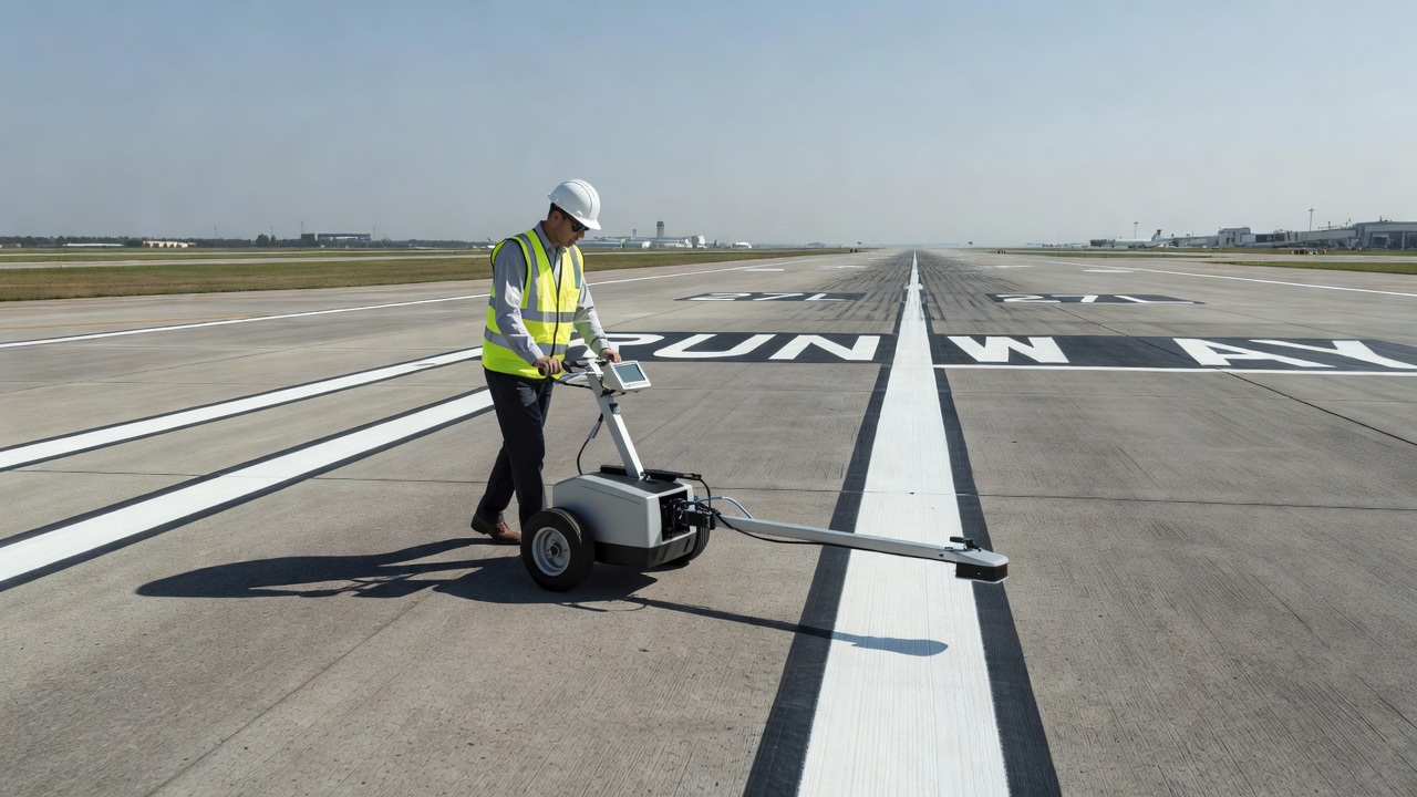 Technicien de relevé utilisant un profileur à pied sur une chaussée de piste d'aéroport, effectuant une mesure de profil de précision pour l'étalonnage de référence IRI